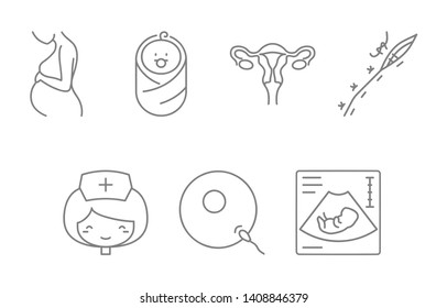 Medical icons - pregnancy: pregnant, newborn, uterus, surgical sutures, midwife, fertilization and ultrasound