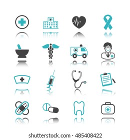 medical icons with reflection isolated on white background