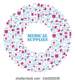 Medical icons in round frame composition, vector illustration. Symbols of first aid, hospital treatment, health care. Pharmacy supplies, laboratory glassware, ambulance accessories, medicine products