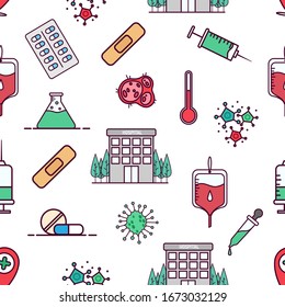 medical icons in seamless pattern with colored hand drawn or doodle style