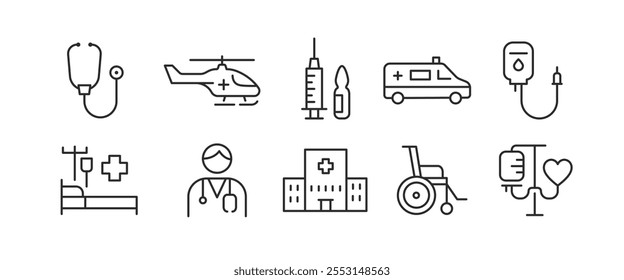 Medical icons. Set of 10 medical and healthcare trendy minimal icons including stethoscope, ambulance, IV drip, heart with EKG line, syringe, pills, and more. Vector illustration