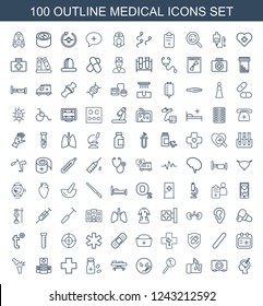 medical icons. Set of 100 outline medical icons included brain surgery, case with heart, injured finger, search sperm on white background. Editable medical icons for web, mobile and infographics.