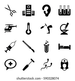 medical icons set. Set of 16 medical filled icons such as bed, ear, hospital, nurse, heart test tube, microscope, test tube, scalpel, knee hammer reaction check, injection