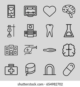 Medical icons set. set of 16 medical outline icons such as siren, tweezers, brain, heartbeat, first aid kit, hospital, tooth, heartbeat on phone, heart, nurse hat, pill