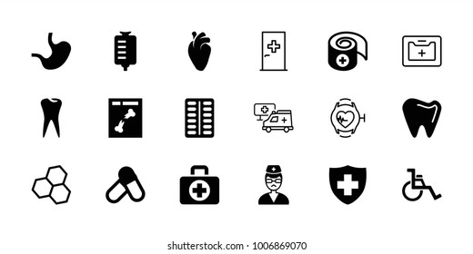 Medical icons. set of 18 editable filled and outline medical icons: pill, drop counter, heart organ, tooth, x ray, doctor, stomach, wheel chair, bandage, aid post