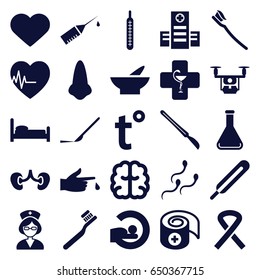 Medical icons set. set of 25 medical filled icons such as nose, bowl, toothbrush, brain, hospital, themometer, scalpel, mri, kidney, tooth brush, heart, injured finger
