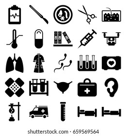 Medical icons set. set of 25 medical filled icons such as bed, ear, case with heart, syringe, test tube, bladder, heartbeat clipboard, thermometer, hair, scalpel, pill, binder