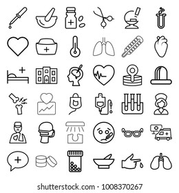 Medical icons. set of 36 editable outline medical icons such as bowl, glasses, sick emot, heart, bottle pills, pipette, drop counter, heart organ, lungs, siren