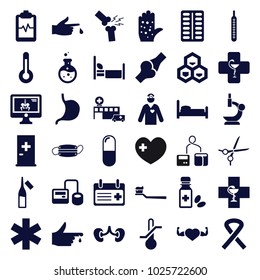 Medical icons. set of 36 editable filled medical icons such as aid post, bed, blod pressure tool, pill, ampoule, heart with muscles, stomach, kidney, heartbeat clipboard