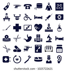 Medical icons. set of 36 editable filled medical icons such as bed, toothbrush, case with heart, hospital, scalpel, x ray, heartbeat, eye test, doctor, stomach, wheel chair