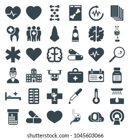 Medical icons. set of 36 editable filled medical icons such as nose, hair removal, brain, heartbeat, mri, dna, doctor, medicine, first aid kit, hospital building, temperature