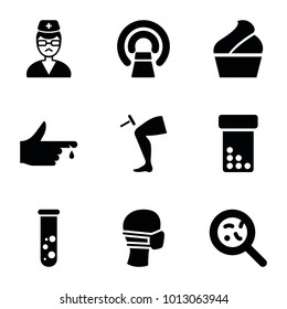 Medical icons. set of 9 editable filled medical icons such as bottle pills, mri, bacteria, medical mask, doctor, cream, test tube, injured finger