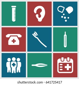 Medical icons set. set of 9 medical filled icons such as ear, tweezers, tooth brush, thermometer, pill