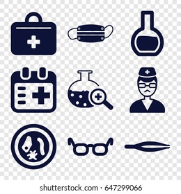 Medical icons set. set of 9 medical filled icons such as tweezers, test tube search, first aid kit, doctor, test tube, microorganism