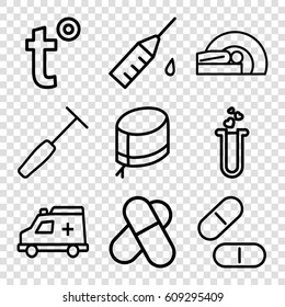 Medical icons set. set of 9 medical outline icons such as pill, heart test tube, nurse hat, ambulance, MRI, injection rash, medical hammer