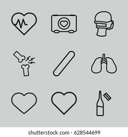 Medical icons set. set of 9 medical outline icons such as case with heart, ampoule, lungs, medical mask, heart, bandage, broken leg or arm