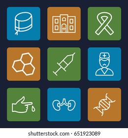 Medical icons set. set of 9 medical outline icons such as kidney, injured finger, nurse hat, doctor, dna, injection, hospital building, ribbon