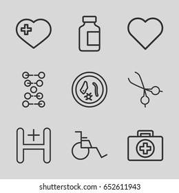 Medical icons set. set of 9 medical outline icons such as heart with cross, hospital, wheel chair, dna, microorganism, heart