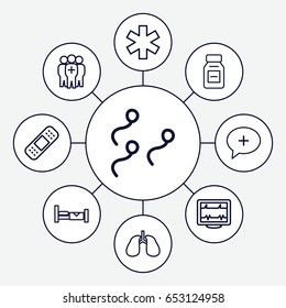 Medical icons set. set of 9 medical outline icons such as bed, heartbeat, bandage, lungs, medicine