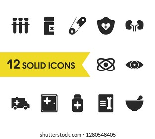 Medical icons set with atom, eye and pin elements. Set of medical icons and paperwork concept. Editable vector elements for logo app UI design.