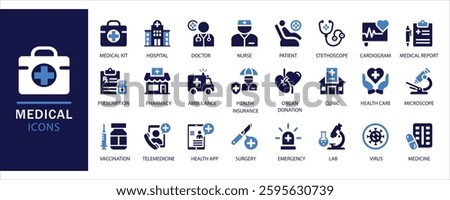Medical icons set. In black-filled solid style. Includes hospital, doctor, nurse, ambulance, pharmacy, surgery, telemedicine, cardiogram, healthcare, and more medical apps, websites, 
