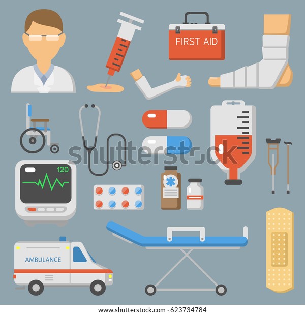Medical icons set care ambulance hospital\
emergency human pharmacy vector\
illustration.