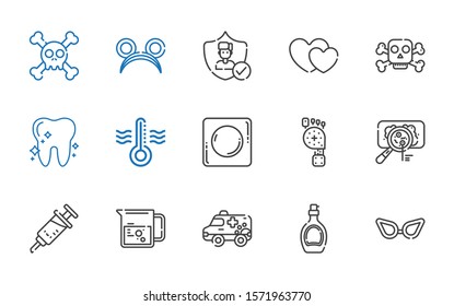 medical icons set. Collection of medical with glasses, syrup, ambulance, beaker, vaccine, virus, foot, record, thermometer, tooth, poison. Editable and scalable medical icons.