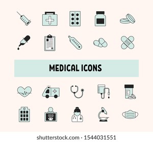 Medical icons set. Collection of medicine symbols. Medical instrument and health signs. 