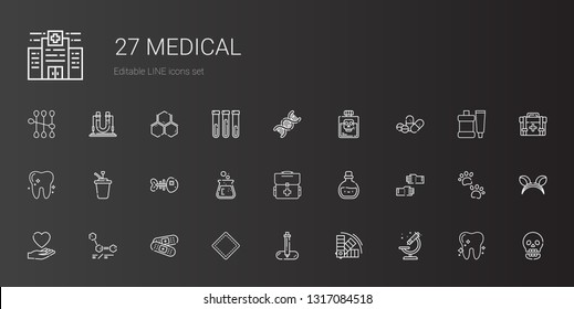 medical icons set. Collection of medical with microscope, color, pipette, patch, band aid, molecules, love, glove, potion, first aid kit. Editable and scalable medical icons.