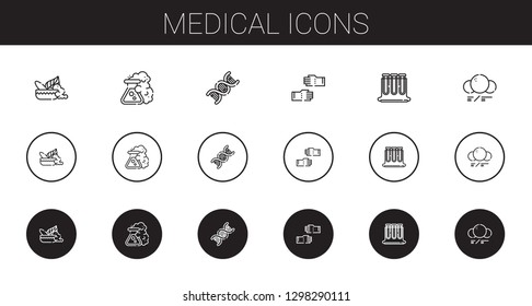 medical icons set. Collection of medical with mortar, flask, dna, glove, test tubes, molecule. Editable and scalable medical icons.