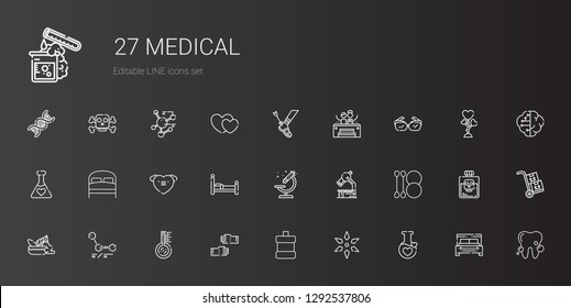 medical icons set. Collection of medical with potion, science, mouthwash, glove, thermometer, molecules, mortar, cotton swab, microscope. Editable and scalable medical icons.