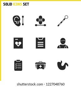 Medical icons set with doctor, heart record and folder elements. Set of medical icons and ear stick concept. Editable vector elements for logo app UI design.