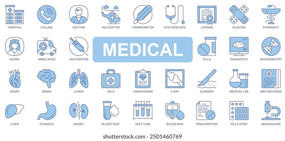 Medical icons set in duotone outline stroke design for web. Pack pictograms of hospital, doctor, helicopter, thermometer, stethoscope, license, pharmacy, nurse, ambulance, other. Vector illustration.