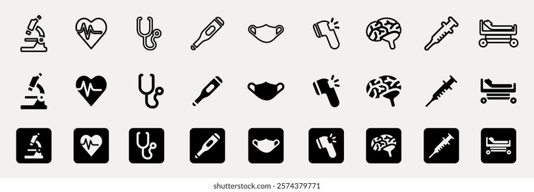 Medical icons set featuring microscope, heart, stethoscope, thermometer, mask, brain, syringe, and stretcher. Icons include microscope, heart, and stethoscope. User interface icon vector set.