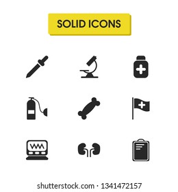 Medical icons set with flag, kidneys and monitor elements. Set of medical icons and clipboard concept. Editable vector elements for logo app UI design.