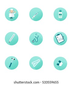 Medical icons set in flat style. Doctor, pills, plaster, thermometer,mixture, stethoscope,syringe,prescription, neurological hammer.Can be used for medical infographics, web.