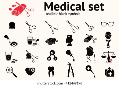 Medical icons set. Health and medicine tool symbols. Forceps, pincers, enema, clamp, tooth, bandage, scissors, spectacles, magnifier, scales, pills, eye, drop, bag, doctor, water. Black signs. Vector