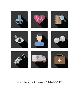 Medical icons set. Health and treatment. Medical icons with doctor, pills, cardiogram, syringe, eye drops, Ambulance tube. Vector, eps10.