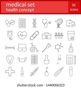 Medical icons set. Healthcare concept. Coronavirus pandemic. Vector illustration of medicine outline symbols. 