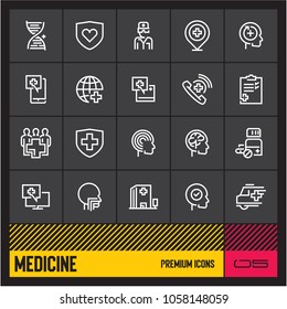 Medical icons set. Healthcare and Medicine thin line vector icons on black background.