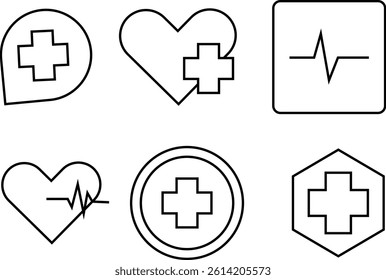 Medical icons set: heart, heartbeat, medical cross, monitor, location pin, circular and hexagonal symbols for healthcare – Transparent Background.