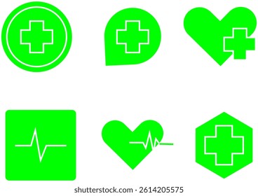 Medical icons set: heart, heartbeat, medical cross, monitor, location pin, circular and hexagonal symbols for healthcare – Transparent Background.