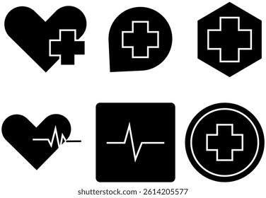 Medical icons set: heart, heartbeat, medical cross, monitor, location pin, circular and hexagonal symbols for healthcare – Transparent Background.