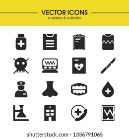 Medical icons set with heart rhythm, medical tablet and monitor elements. Set of medical icons and medical data concept. Editable vector elements for logo app UI design.