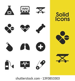 Medical icons set with heartbreak, finger cut and monitor elements. Set of medical icons and air cylinder concept. Editable vector elements for logo app UI design.