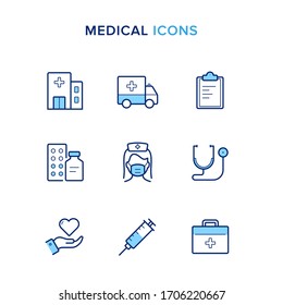 Iconos médicos establecidos: Hospital, Ambulancia, Receta, Medicamentos, Enfermera, Jeringa, Estetoscopio, Salud del Corazón, Kit de primeros auxilios