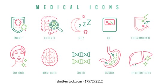 Medical icons set. Important body functions. Outlined signs in modern style. Healthcare, medicine concept. Editable vector illustration isolated on a white background.