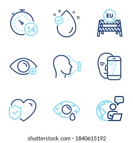 Medical icons set. Included icon as Vitamin e, Life insurance, Quarantine signs. Farsightedness, Ð¡onjunctivitis eye, Face id symbols. Face biometrics, Eu close borders line icons. Vector