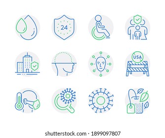 Medical icons set. Included icon as Face biometrics, Coronavirus research, Sick man signs. Oil drop, Face scanning, Usa close borders symbols. Family insurance, Coronavirus, 24 hours. Vector