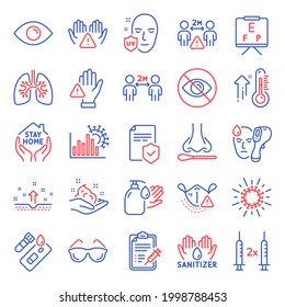 Medizinische Symbole gesetzt. Einschließlich Symbol als Handanitisierer, Nasentest, UV-Schutzschilder. Brillen, Elektronisches Thermometer, Coronavirus-Symbole. Nicht aussehend, Coronavirus-Impfstoff, Auge. Lungen. Vektorgrafik